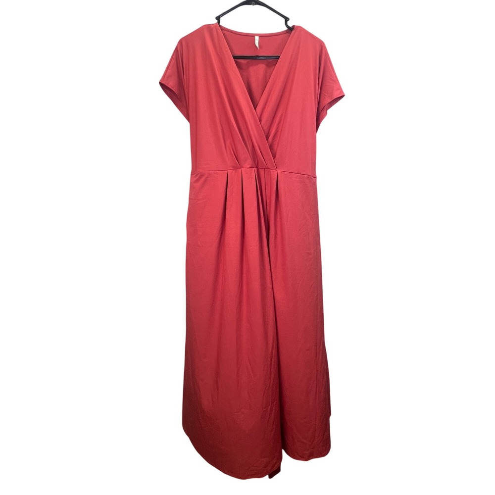 Halara Breezeful V-Neck Short Sleeve Side Pocket Tie Back Midi Dress Sz L Red